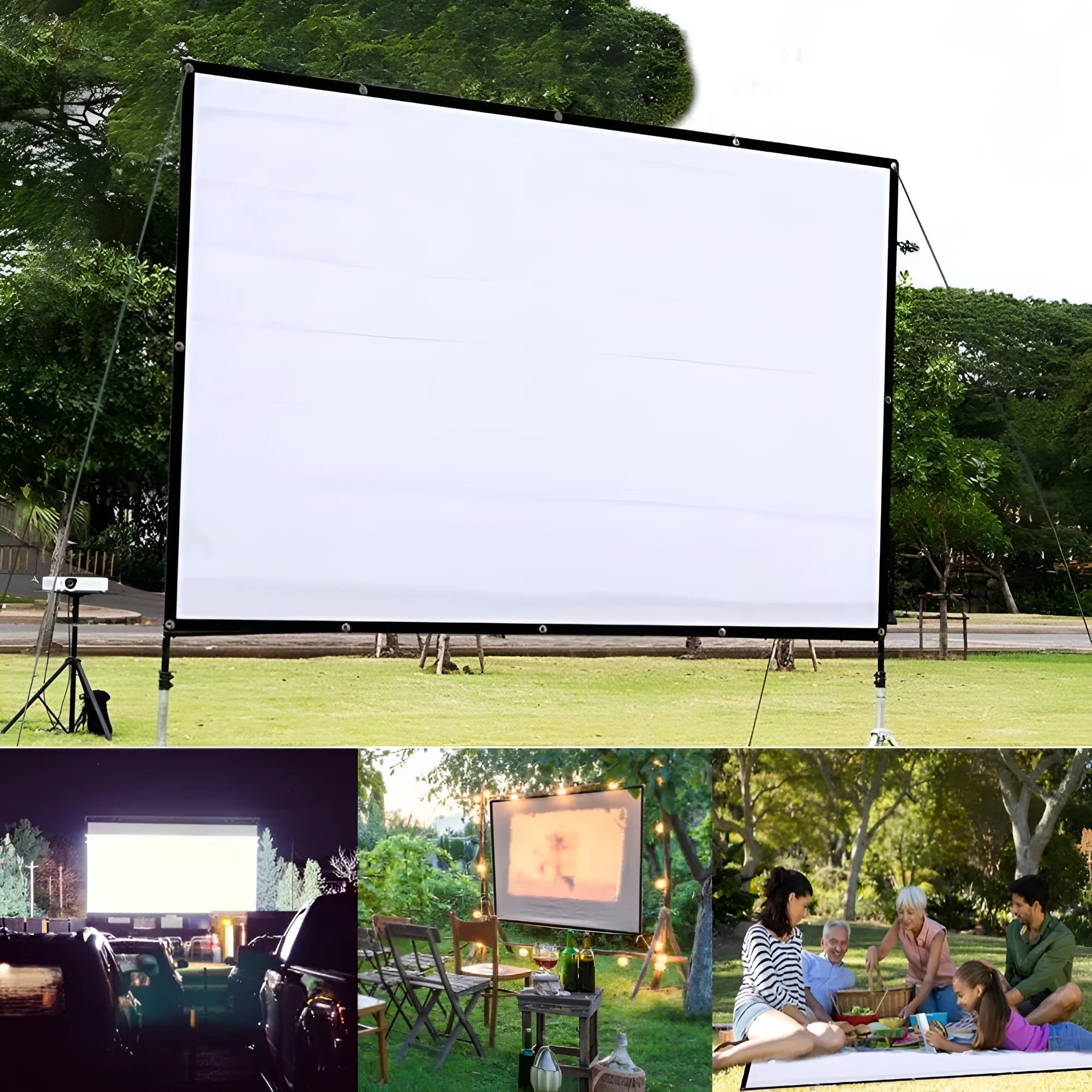 White polyester folding projector screen showing 150-inch size and compact storage design