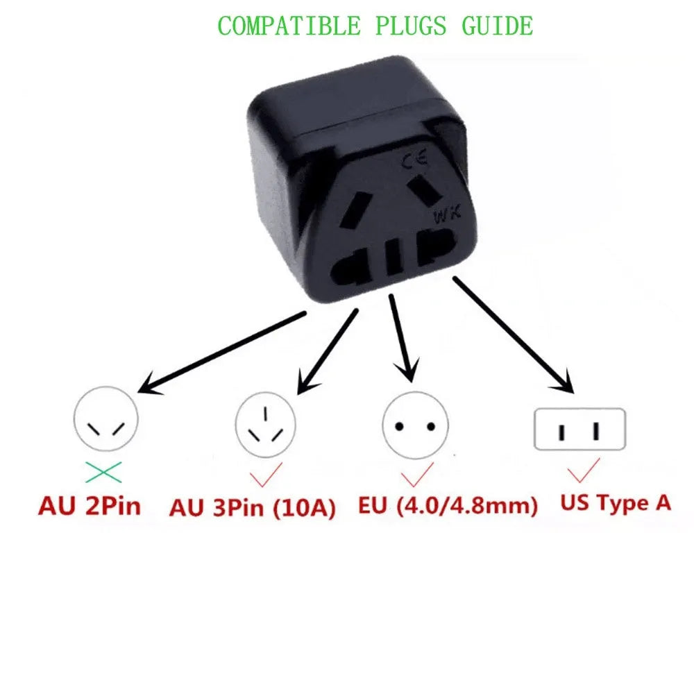 Square three-pin universal power adapter with five output ports in white or black