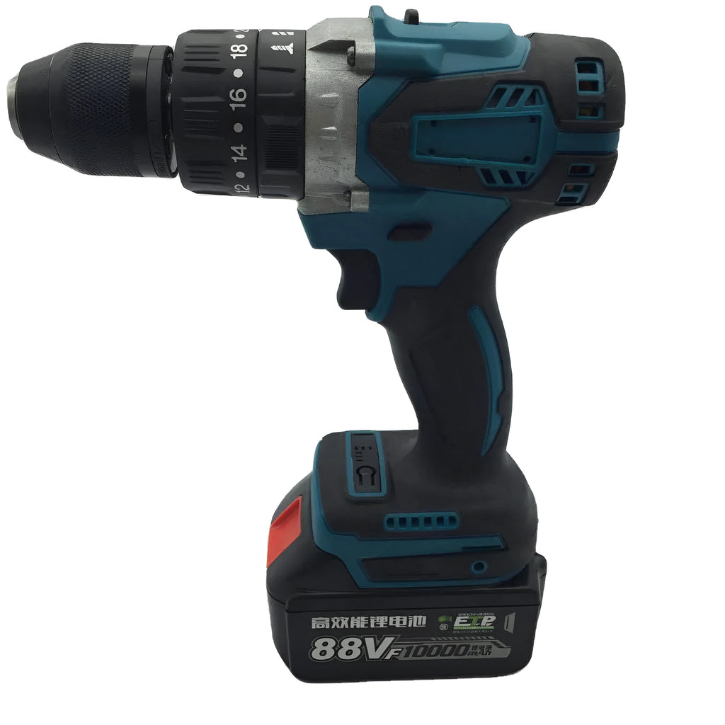 Cordless multifunction impact drill with 13mm chuck and lithium-ion battery