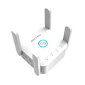 White and black PIXLINK AC24 dual frequency wireless WiFi extender router with multiple power plug options.