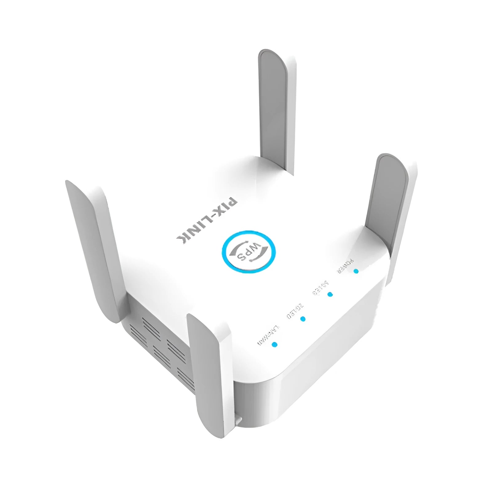 White and black PIXLINK AC24 dual frequency wireless WiFi extender router with multiple power plug options.