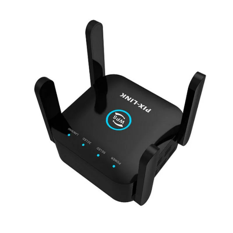 White and black PIXLINK AC24 dual frequency wireless WiFi extender router with multiple power plug options.