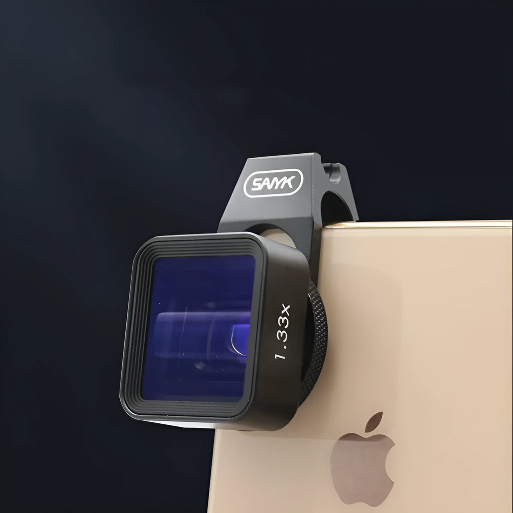 Black SANYK 1.33x mobile phone anamorphic widescreen lens for cinematic 2.40:1 video conversion