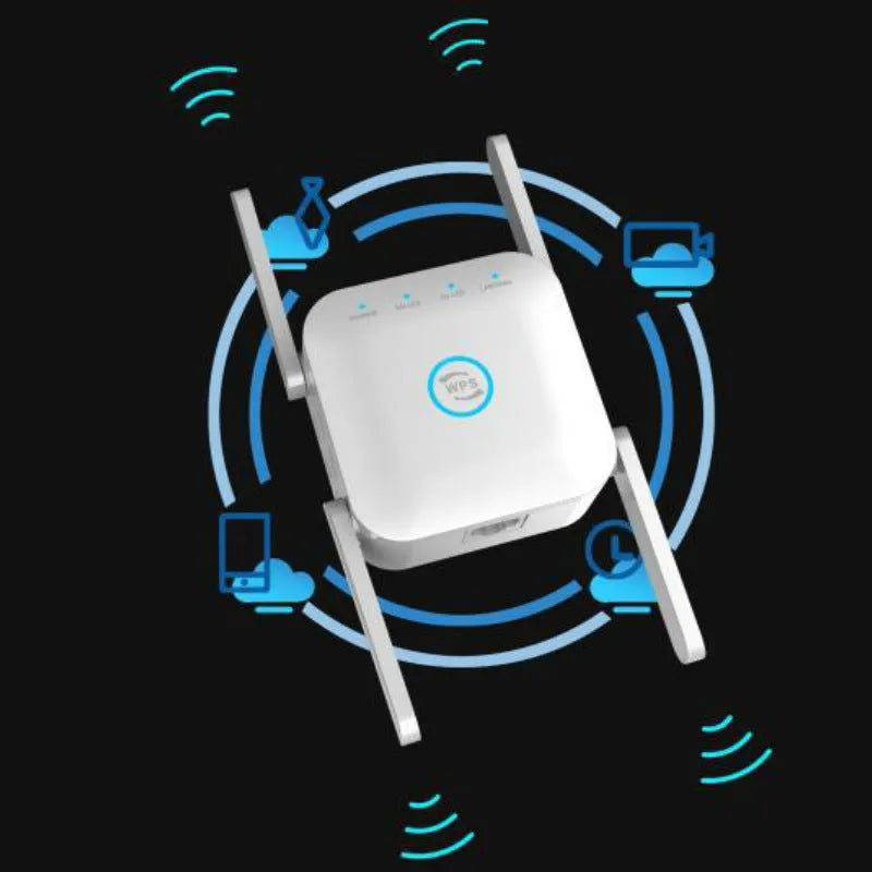 White and black PIXLINK AC24 dual frequency wireless WiFi extender router with multiple power plug options.
