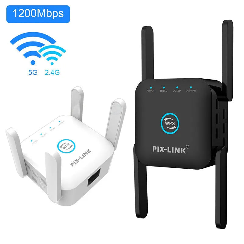 White and black PIXLINK AC24 dual frequency wireless WiFi extender router with multiple power plug options.