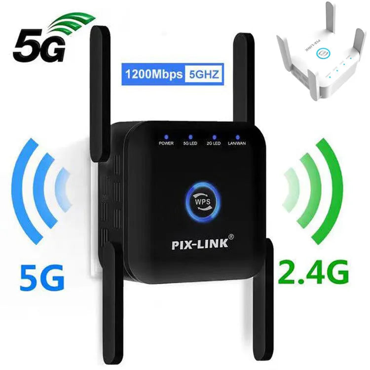 White and black PIXLINK AC24 dual frequency wireless WiFi extender router with multiple power plug options.