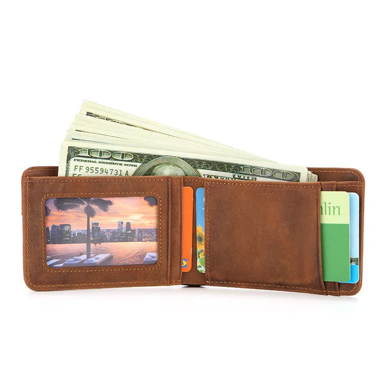Slim brown leather men's RFID wallet showing cash pocket and card slot.