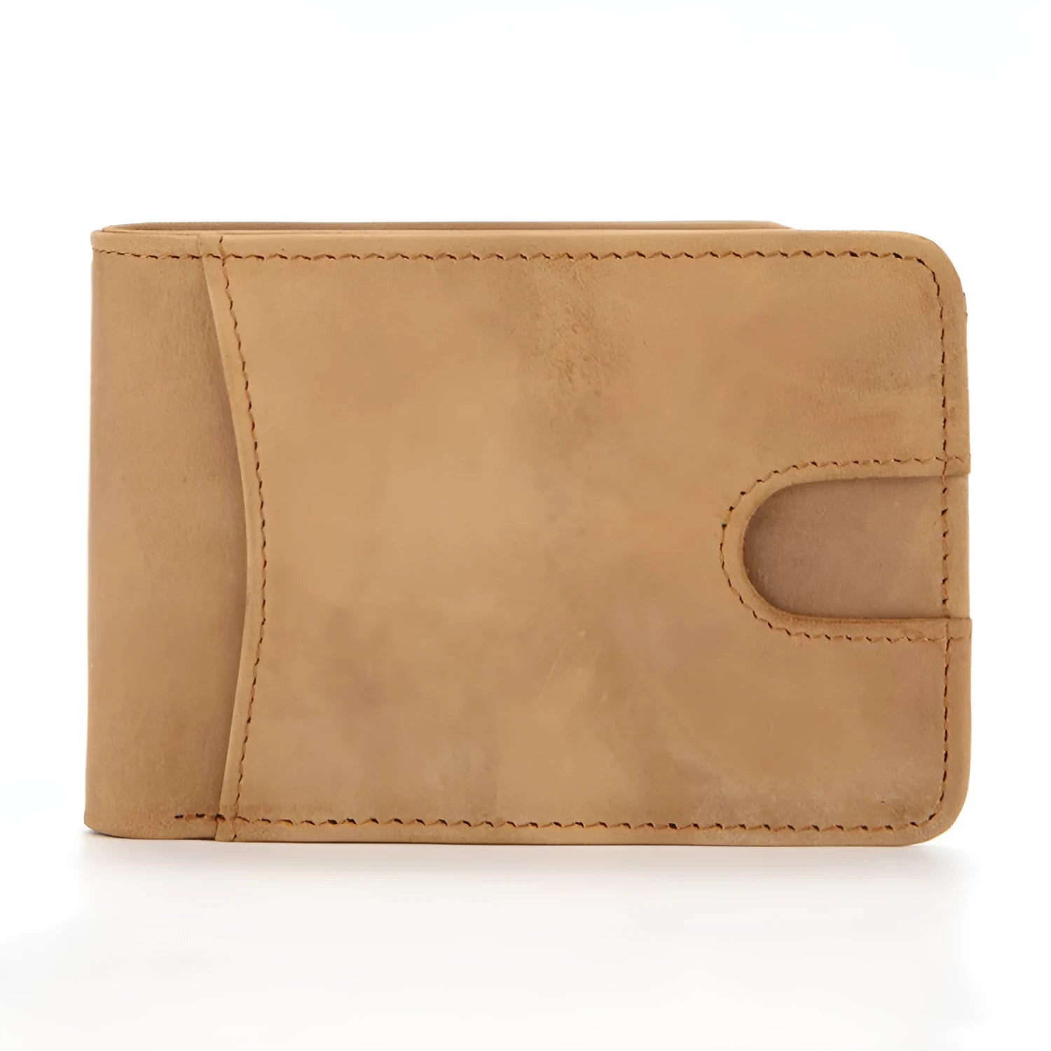 Slim brown leather men's RFID wallet showing cash pocket and card slot.