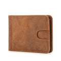 Slim brown leather men's RFID wallet showing cash pocket and card slot.
