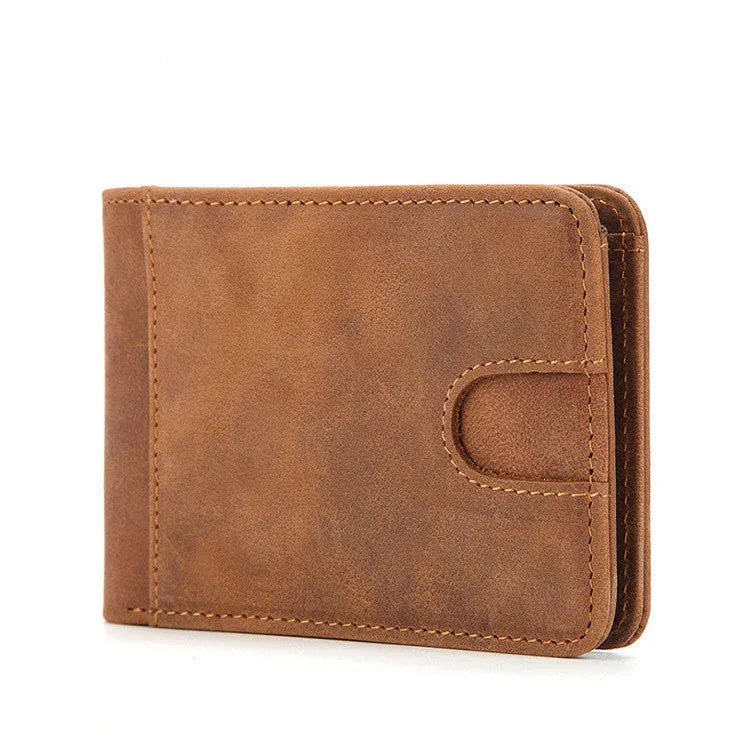 Slim brown leather men's RFID wallet showing cash pocket and card slot.