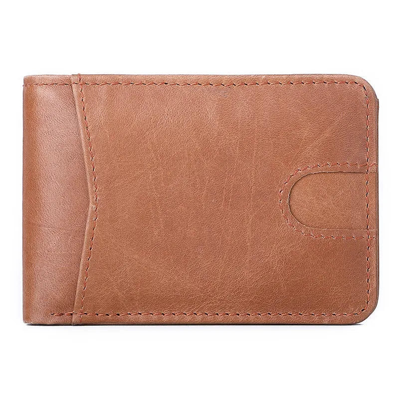 Slim brown leather men's RFID wallet showing cash pocket and card slot.