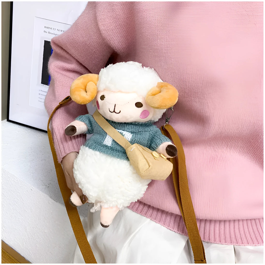 Little Sheep plush crossbody bag with square design and lamb pattern in blue colour