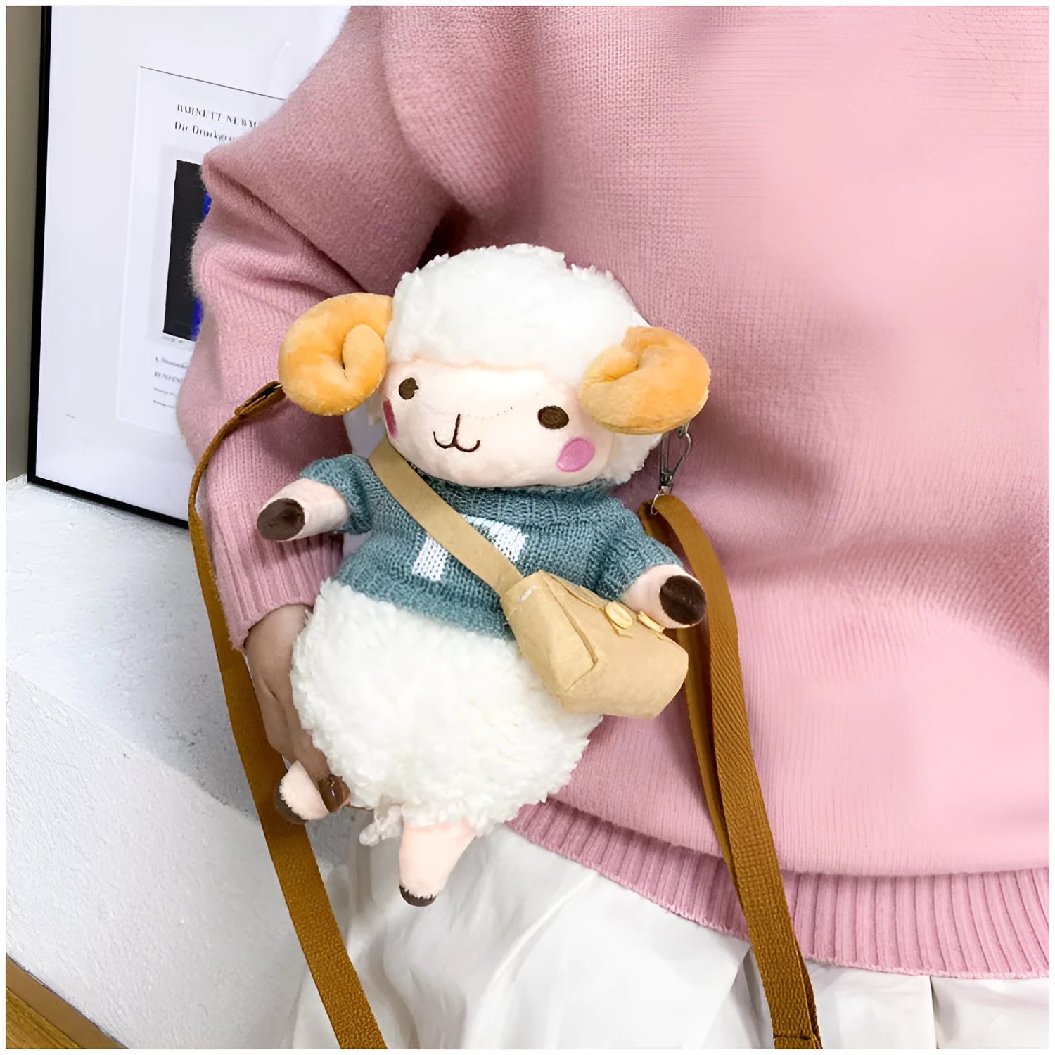 Little Sheep plush crossbody bag with square design and lamb pattern in blue colour