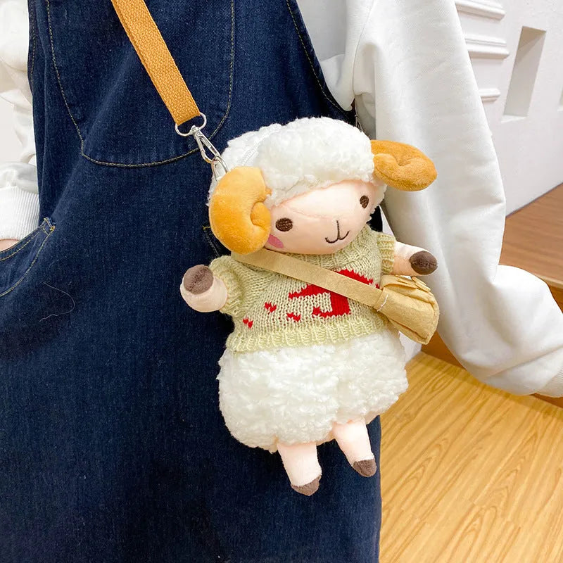 Little Sheep plush crossbody bag with square design and lamb pattern in blue colour