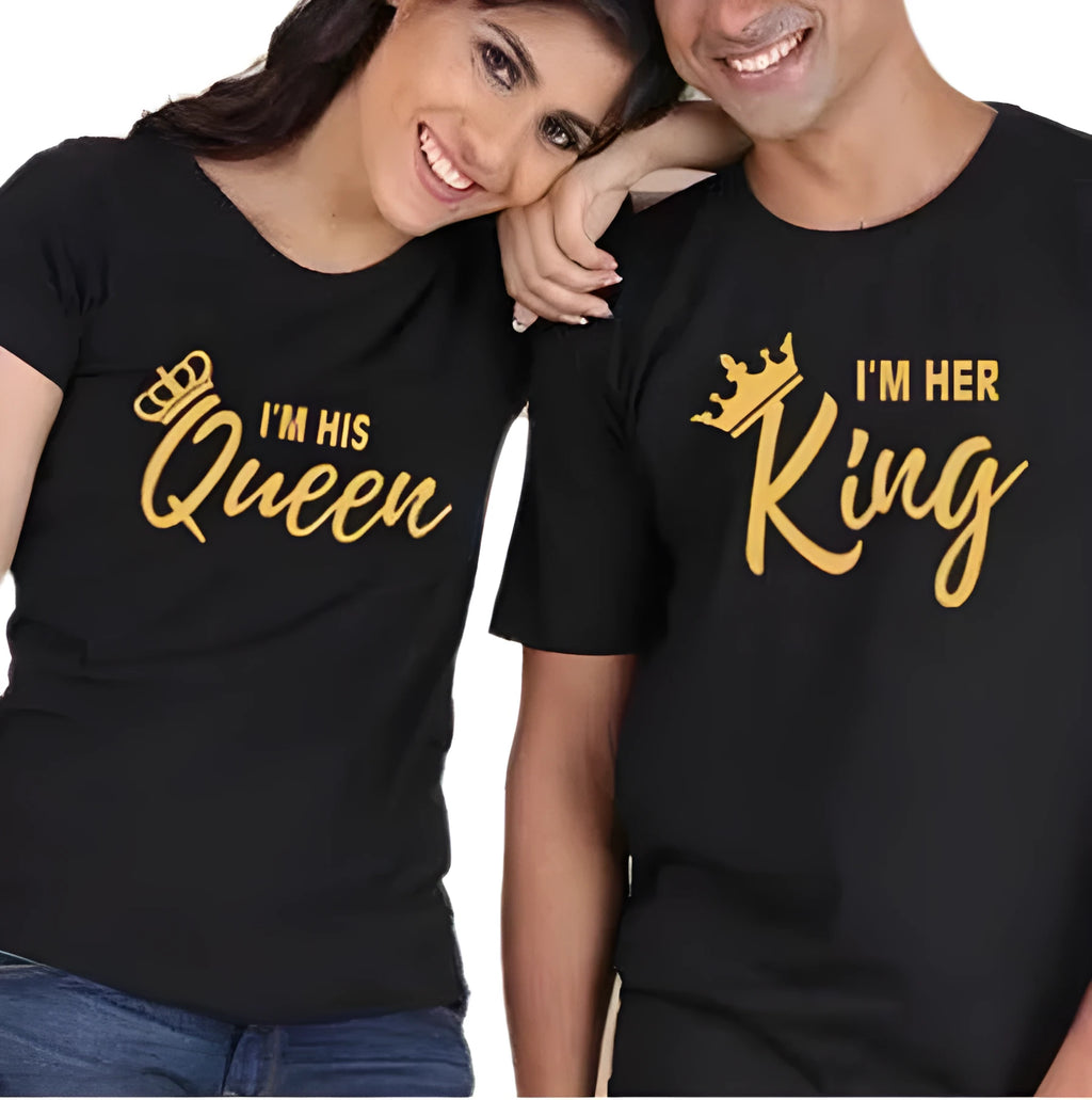 Matching couple t-shirts with I'm Her King and I'm His Queen gold letters on black cotton fabric, short sleeve round neck tops