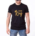 Matching couple t-shirts with I'm Her King and I'm His Queen gold letters on black cotton fabric, short sleeve round neck tops