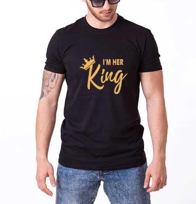 Matching couple t-shirts with I'm Her King and I'm His Queen gold letters on black cotton fabric, short sleeve round neck tops