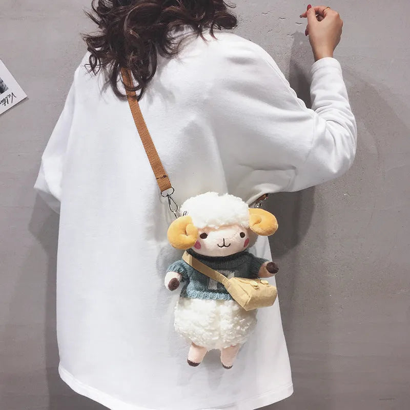 Little Sheep plush crossbody bag with square design and lamb pattern in blue colour