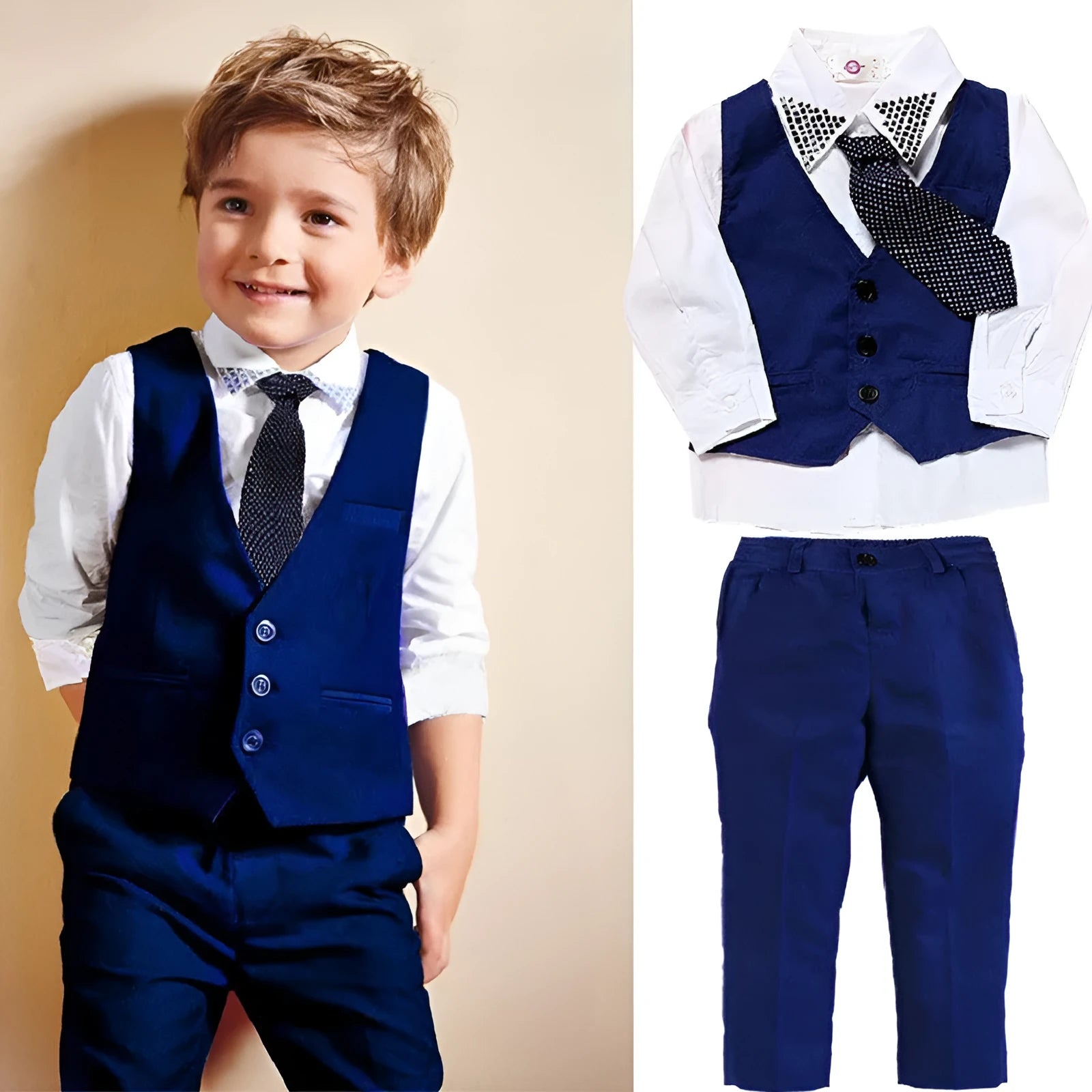 Boys' casual suit clothing set comprising a blue turtleneck, matching vest, tie, and trousers.