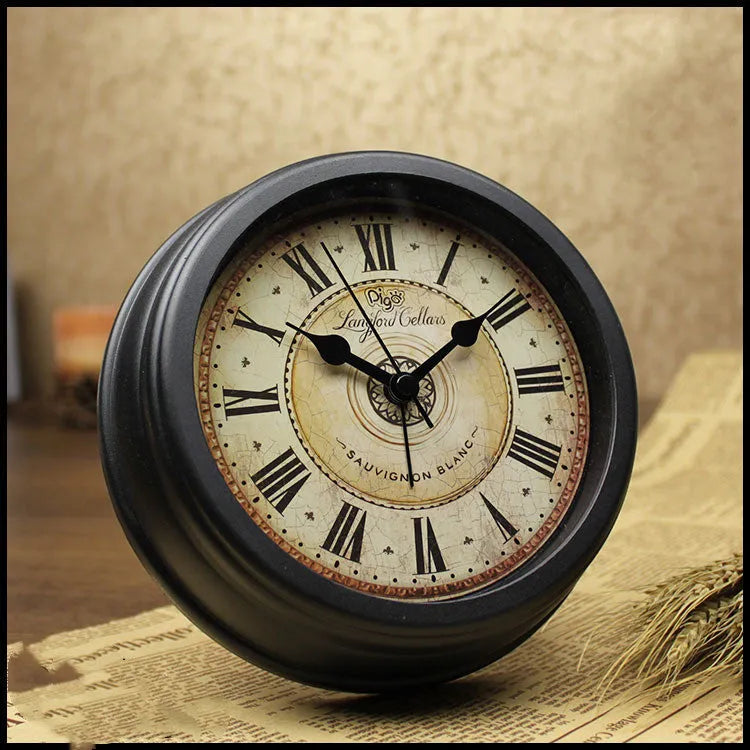 European retro style 6-inch round desk clock with silent alarm function on wooden surface