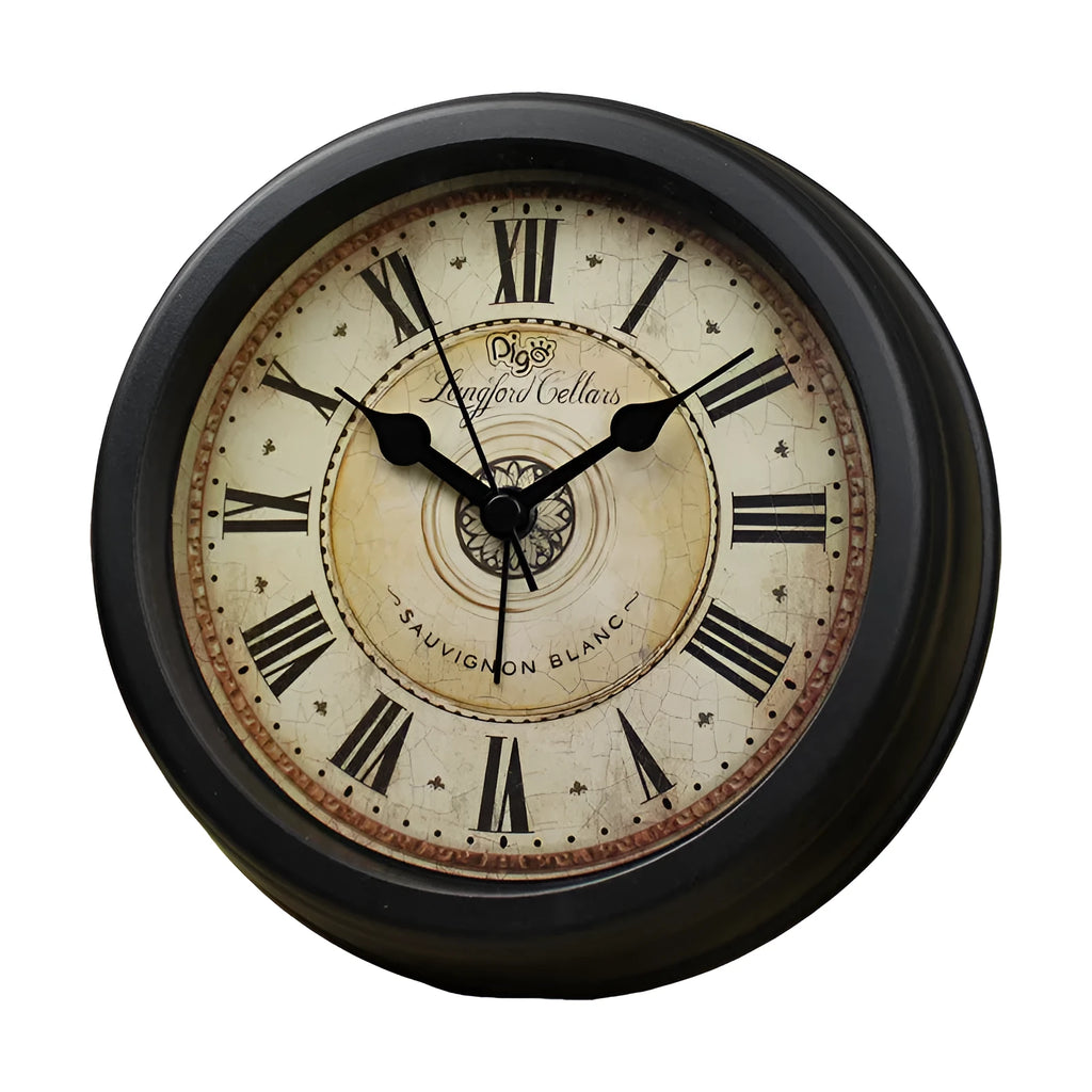 European retro style 6-inch round desk clock with silent alarm function on wooden surface