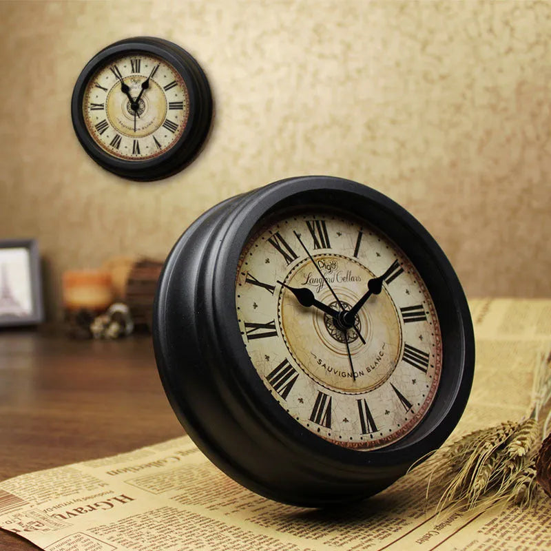 European retro style 6-inch round desk clock with silent alarm function on wooden surface