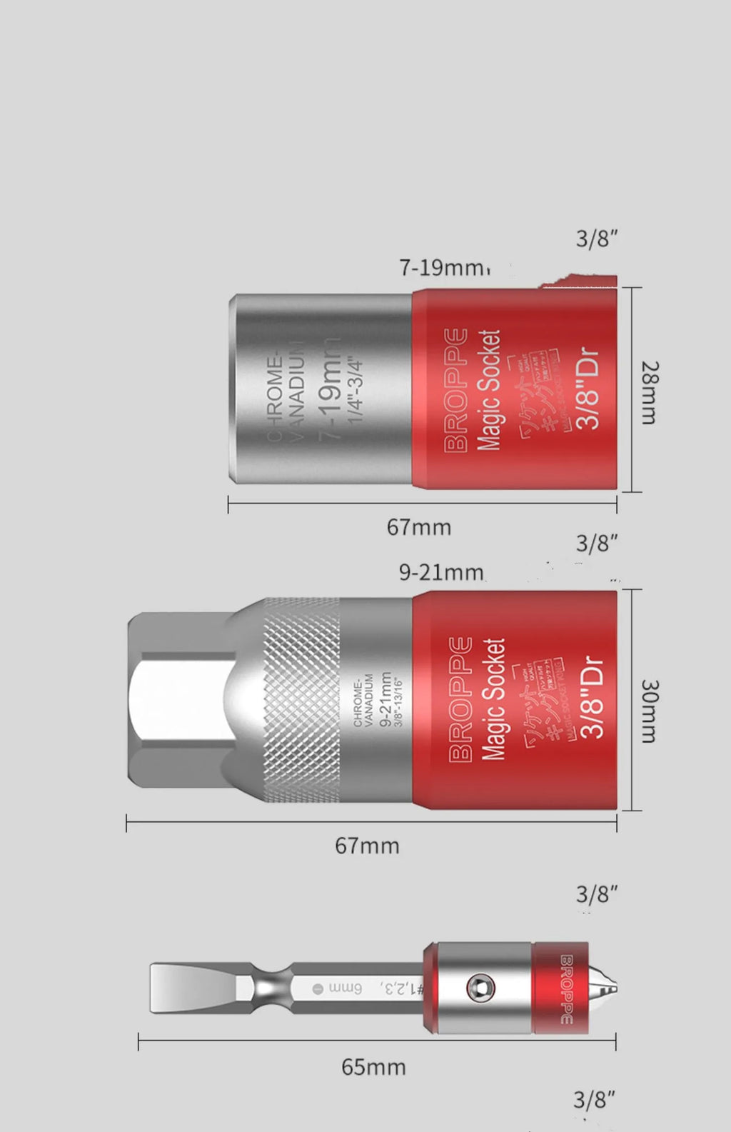 Red metric socket set with 7-19mm and 9-21mm universal sleeves and Type 0 wrench socket