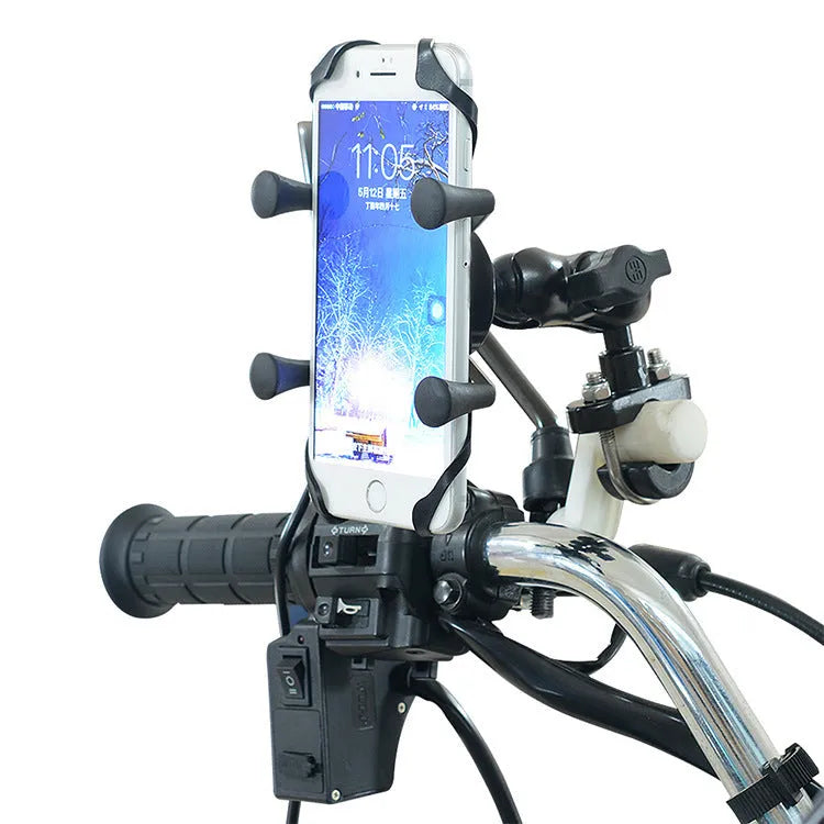 Black aluminium alloy motorcycle phone mounting bracket attached to a bicycle handlebar.