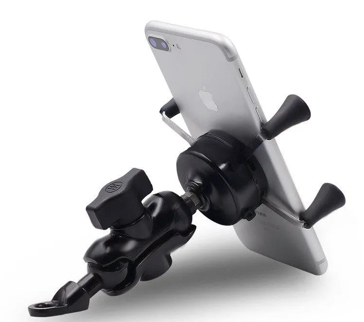 Black aluminium alloy motorcycle phone mounting bracket attached to a bicycle handlebar.