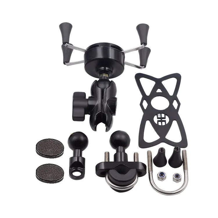 Black aluminium alloy motorcycle phone mounting bracket attached to a bicycle handlebar.