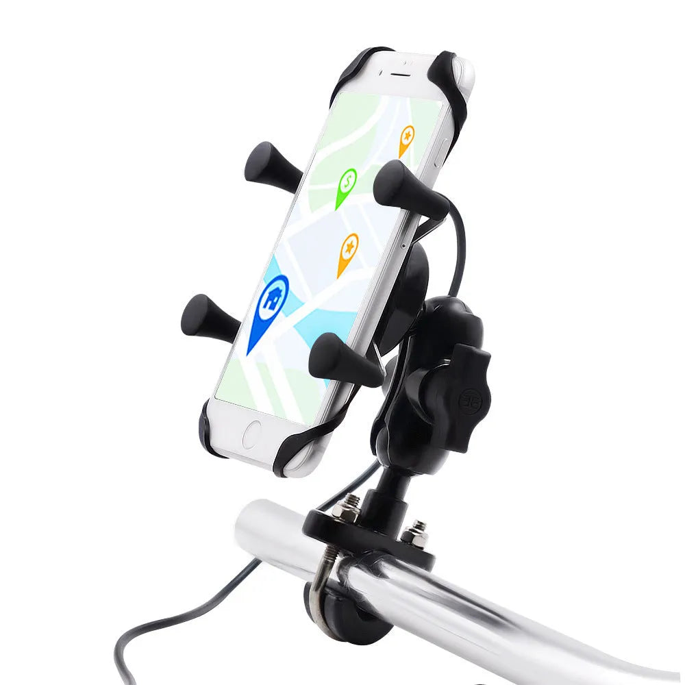 Black aluminium alloy motorcycle phone mounting bracket attached to a bicycle handlebar.