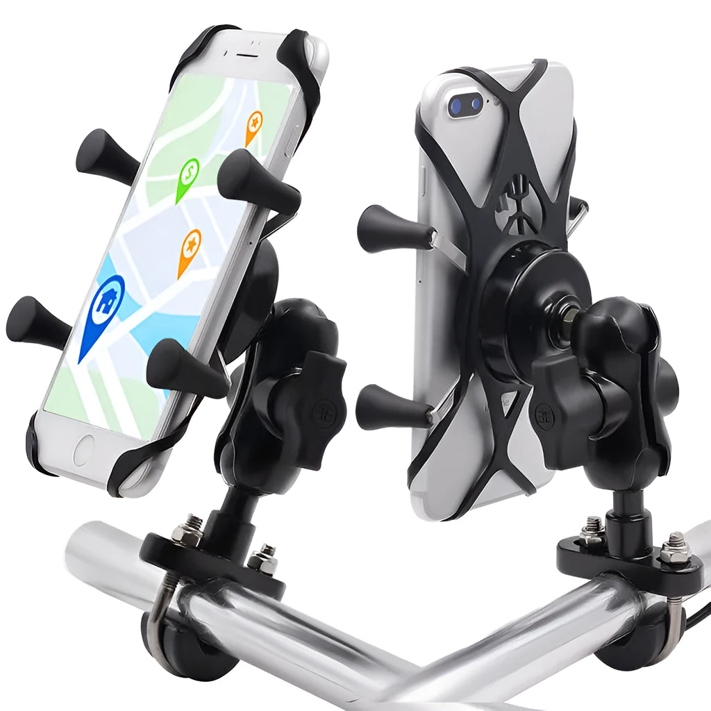 Black aluminium alloy motorcycle phone mounting bracket attached to a bicycle handlebar.