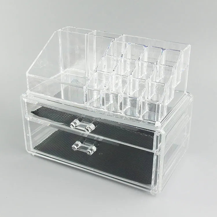 Transparent acrylic makeup storage case showing foldable design and clear material