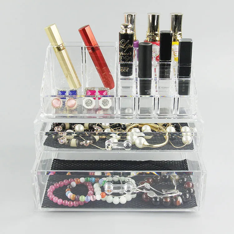 Transparent acrylic makeup storage case showing foldable design and clear material
