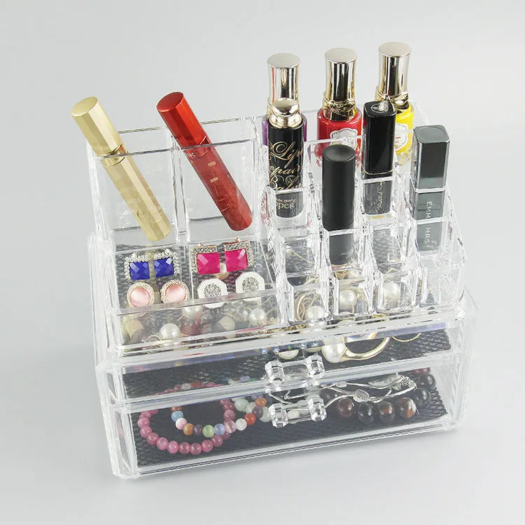 Transparent acrylic makeup storage case showing foldable design and clear material