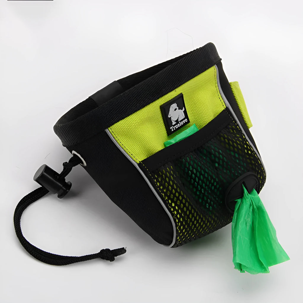 Green waterproof dog training waist bag with removable waste compartment shown on person during walk