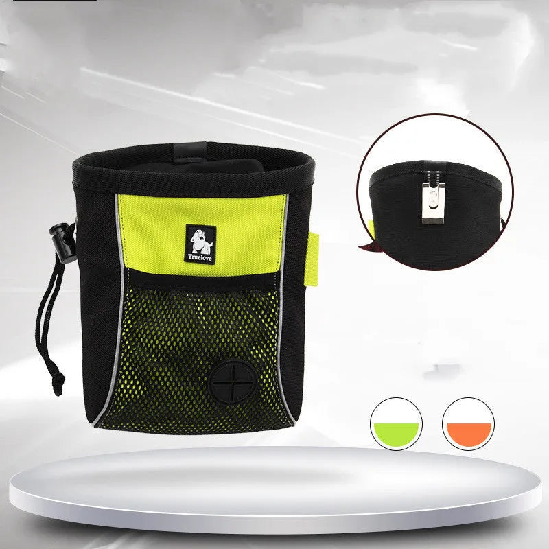 Green waterproof dog training waist bag with removable waste compartment shown on person during walk