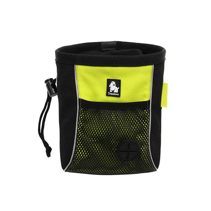 Green waterproof dog training waist bag with removable waste compartment shown on person during walk