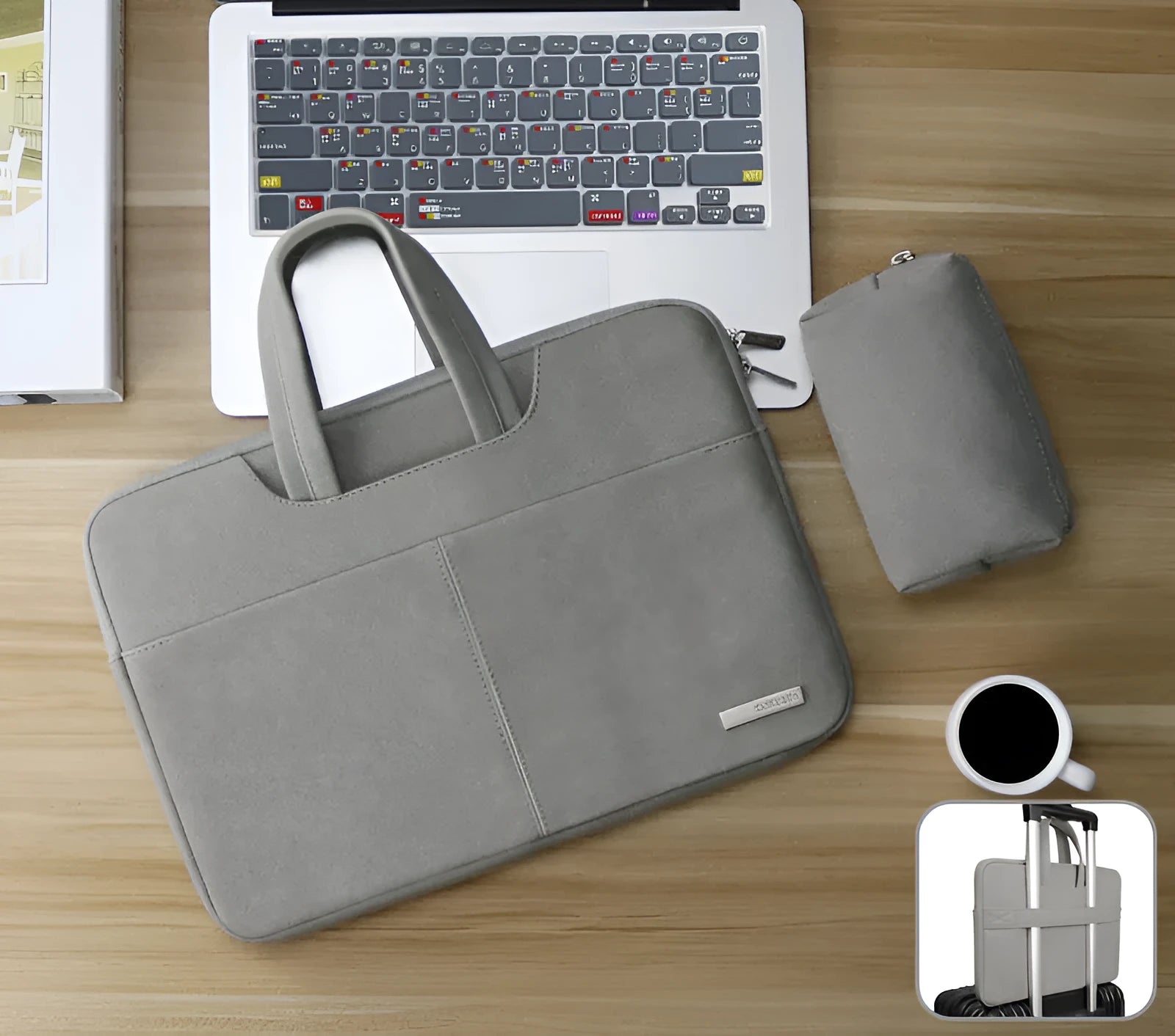 Blue water-resistant PU leather laptop sleeve open to show internal organiser pockets for computer, phone and ID.