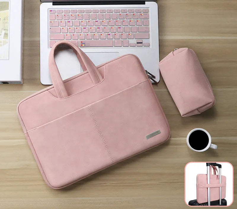 Blue water-resistant PU leather laptop sleeve open to show internal organiser pockets for computer, phone and ID.