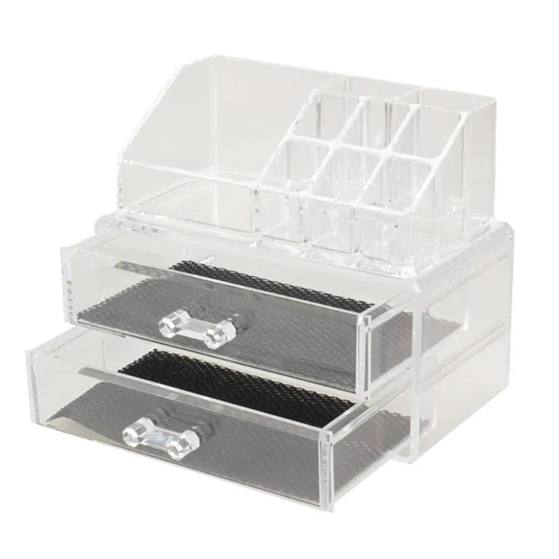 Transparent acrylic makeup storage case showing foldable design and clear material