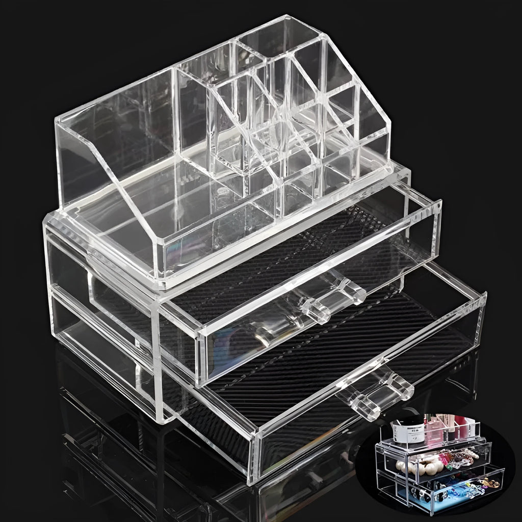 Transparent acrylic makeup storage case showing foldable design and clear material