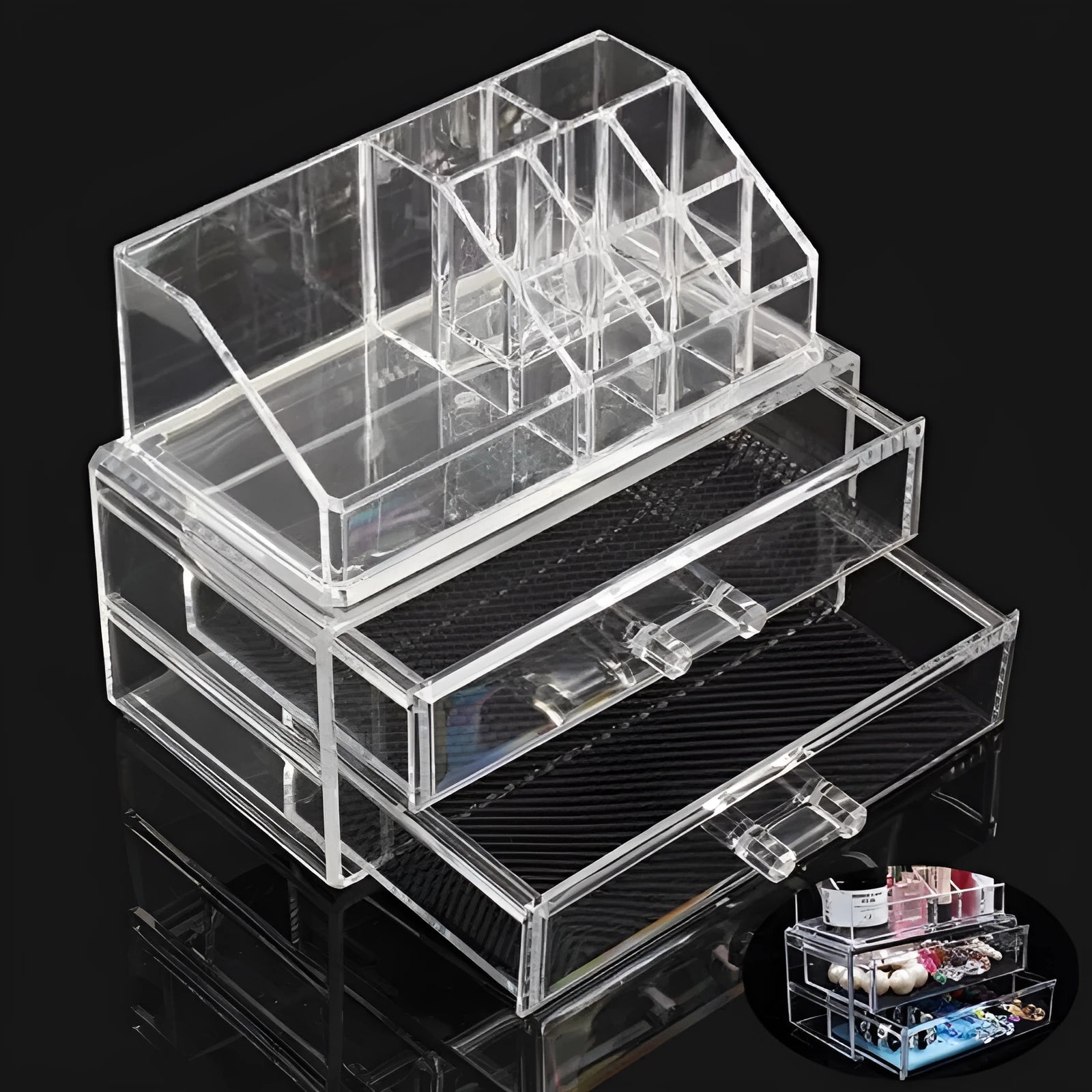 Transparent acrylic makeup storage case showing foldable design and clear material