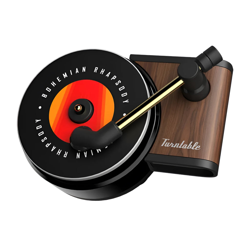 Brown alloy car perfume clip with record locomotive design on car air vent