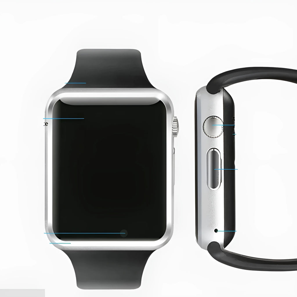 A1 smart watch with 1.54-inch screen showing camera, Bluetooth and GSM connectivity options