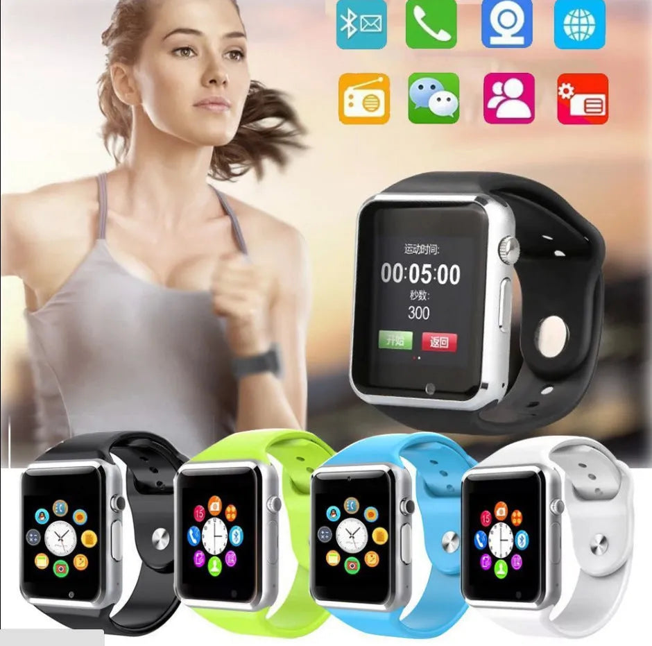 A1 smart watch with 1.54-inch screen showing camera, Bluetooth and GSM connectivity options