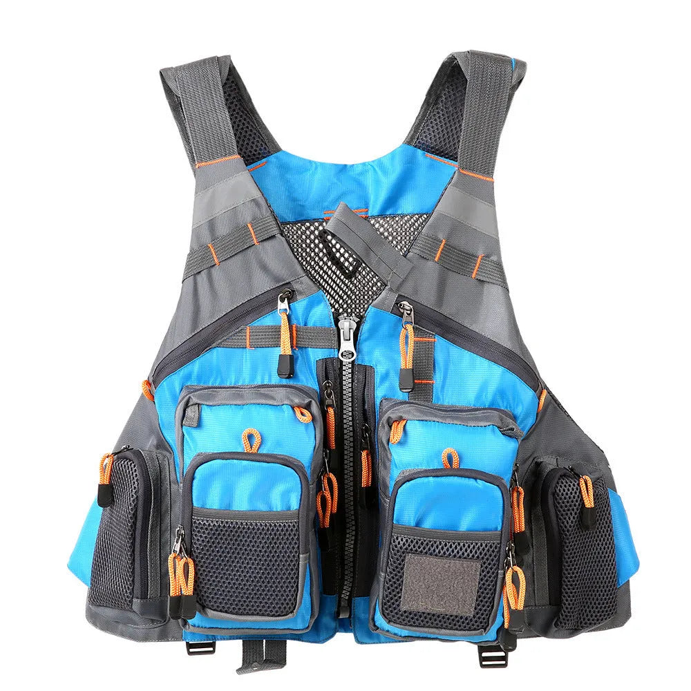 Grey fishing life jacket safety vest with multiple chest pockets and adjustable straps on mannequin