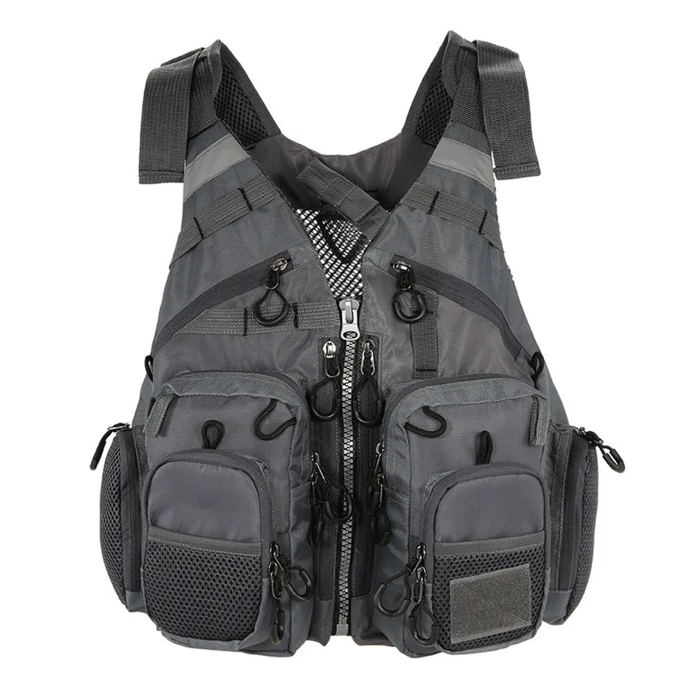 Grey fishing life jacket safety vest with multiple chest pockets and adjustable straps on mannequin