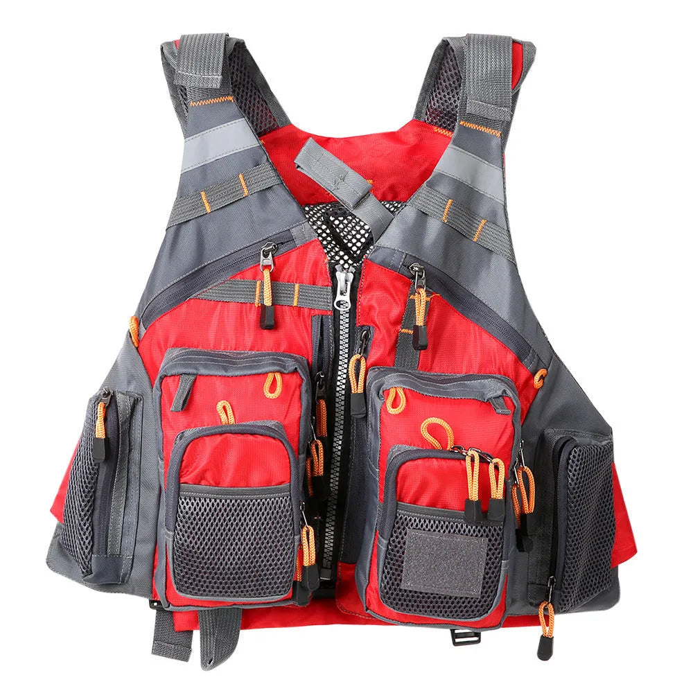 Grey fishing life jacket safety vest with multiple chest pockets and adjustable straps on mannequin