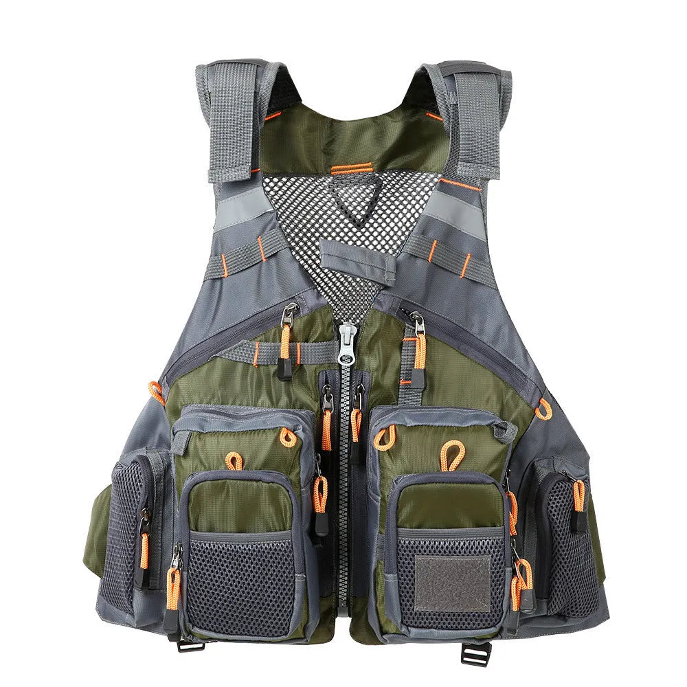 Grey fishing life jacket safety vest with multiple chest pockets and adjustable straps on mannequin